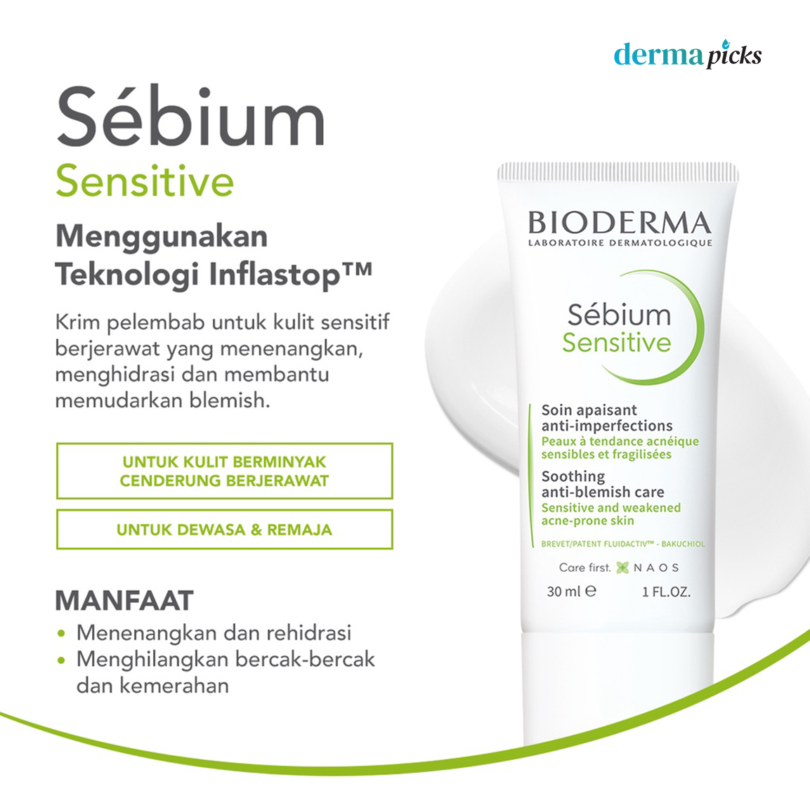 BIODERMA SEBIUM SENSITIVE TE30ML - Krim Pelembab untuk Kulit Jerawat Sensitif